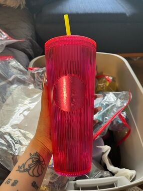 Starbucks Hot Pink Textured Cold Cup with Yellow Straw